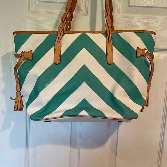 Dooney & Bourke Teal Green and White Chevron Tote - Picture 2 of 13